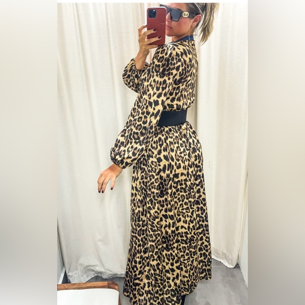 BEEHA Istanbul Long Sleeve Black Belted Leopard Print Maxi Dress Size 38 - 8 USA